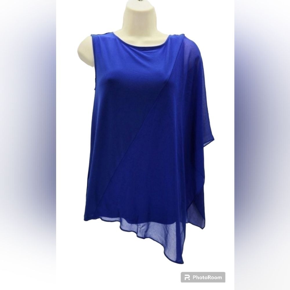 DKNY Blouse Draped Cascading Ruffle Sleeveless Top - Royal Blue, XS